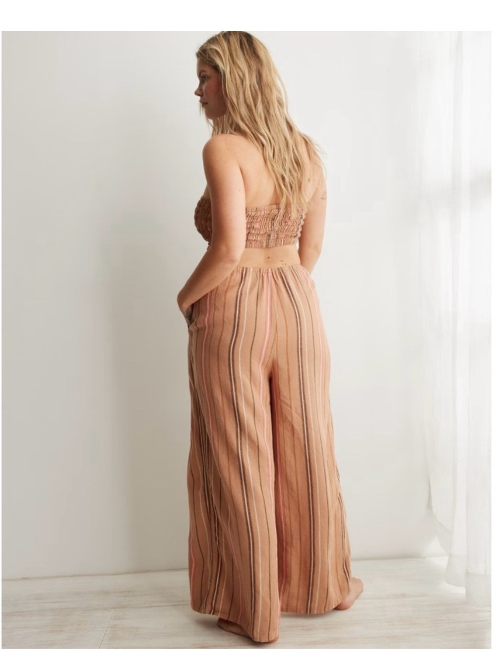 aerie XL Boho Strapless Smocked Wide-Leg Striped Linen Blend Jumpsuit Vacation - Picture 10 of 10